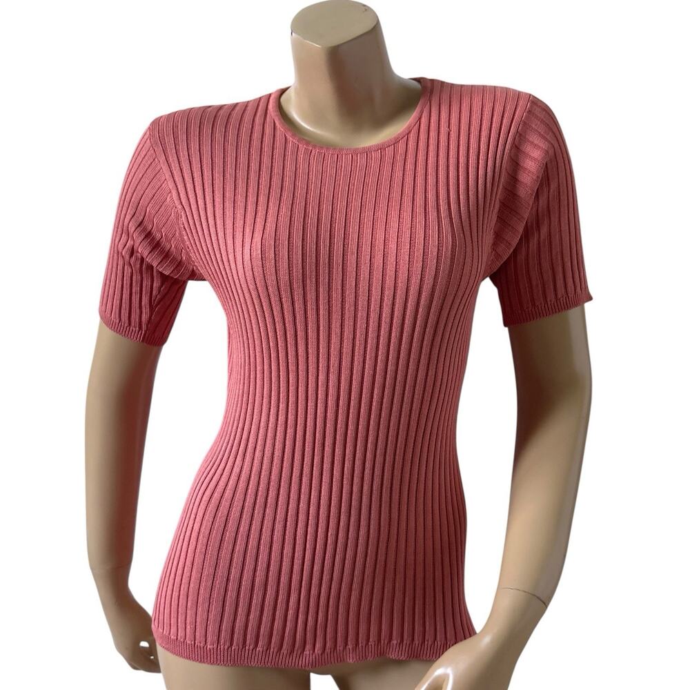 Jacobson's Sweater Womens M Coral Ribbed Silk Short Sleeve Stretch Knit Top
